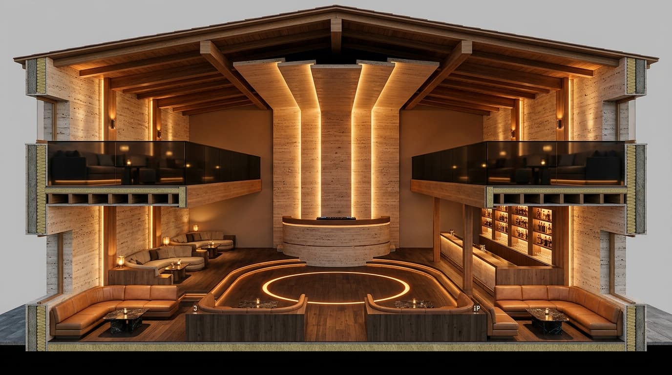 Gate Sardinia venue layout, vista trasversale con aree VIP